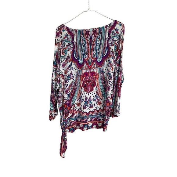 Chicos Top Women L Pink Floral Pullover Paisley Tie Waist Summer Feminine Retro - Picture 10 of 14